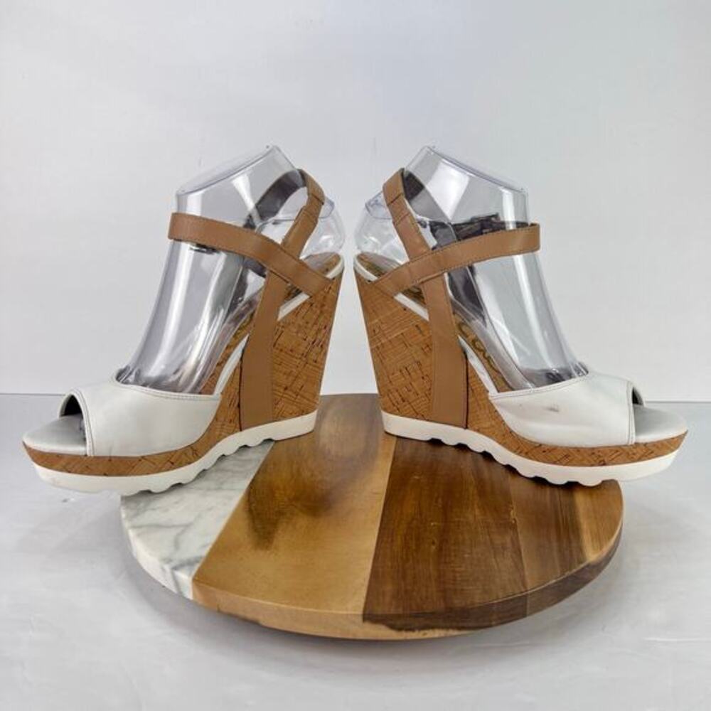 SAM EDELMAN Karina Sandal Slingback Cork Wedge White Leather Heel 7.5 - Picture 7 of 12